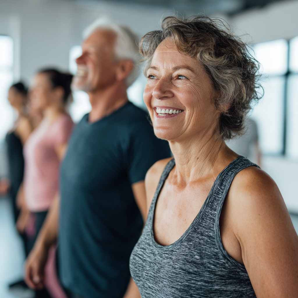 Mature adults enjoying group fitness session in bright studio environment