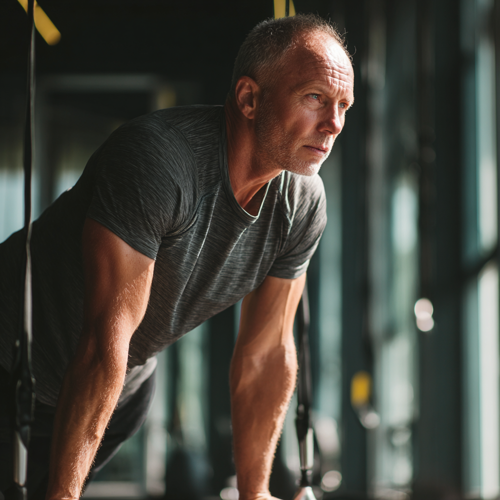 Middle-aged person exercising in modern fitness studio with natural lighting